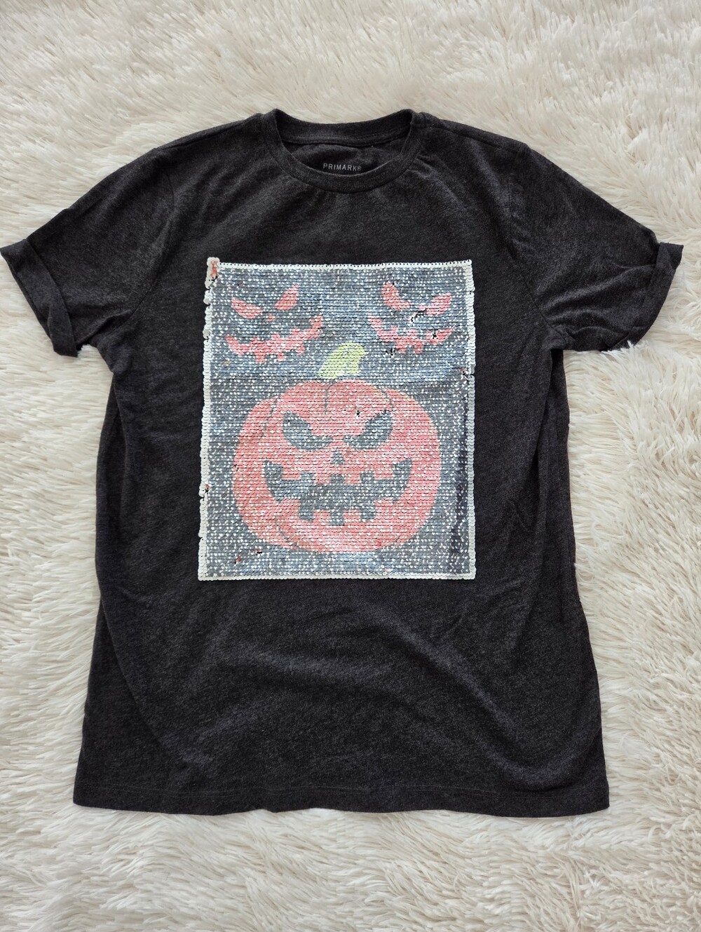 Halloween Flippy Sequin T-Shirt Gray & Orange Kids Age 11-12